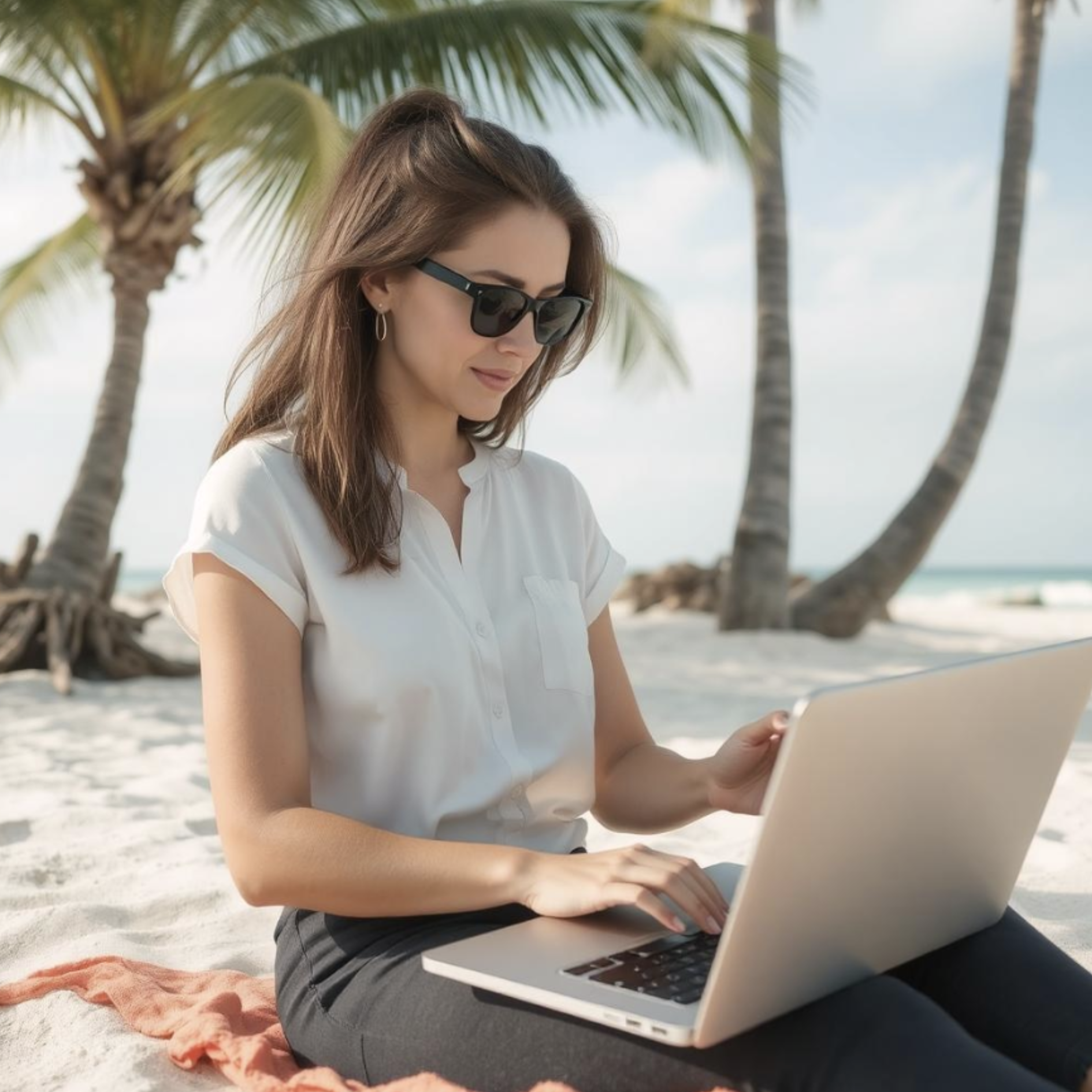 Woman on a laptop typing something. She is on the beach.